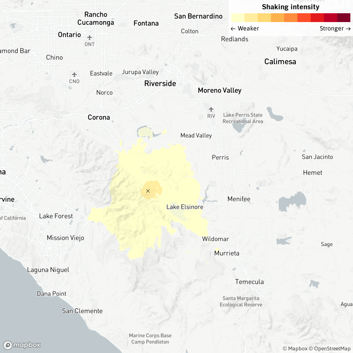 Map of magnitude 3.4 earthquake near Temescal Valley, Calif.