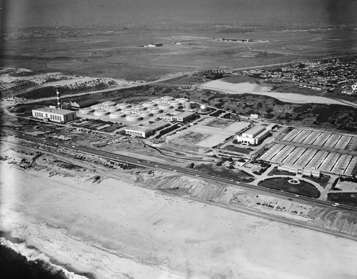 An aerial view of a water treatment plant along the beach 