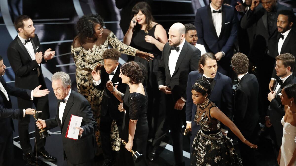 Presenter Warren Beauty in 2017 after it was revealed that "La La Land" had accidentally been announced as winner of the best picture Oscar. The actual recipient was "Moonlight."