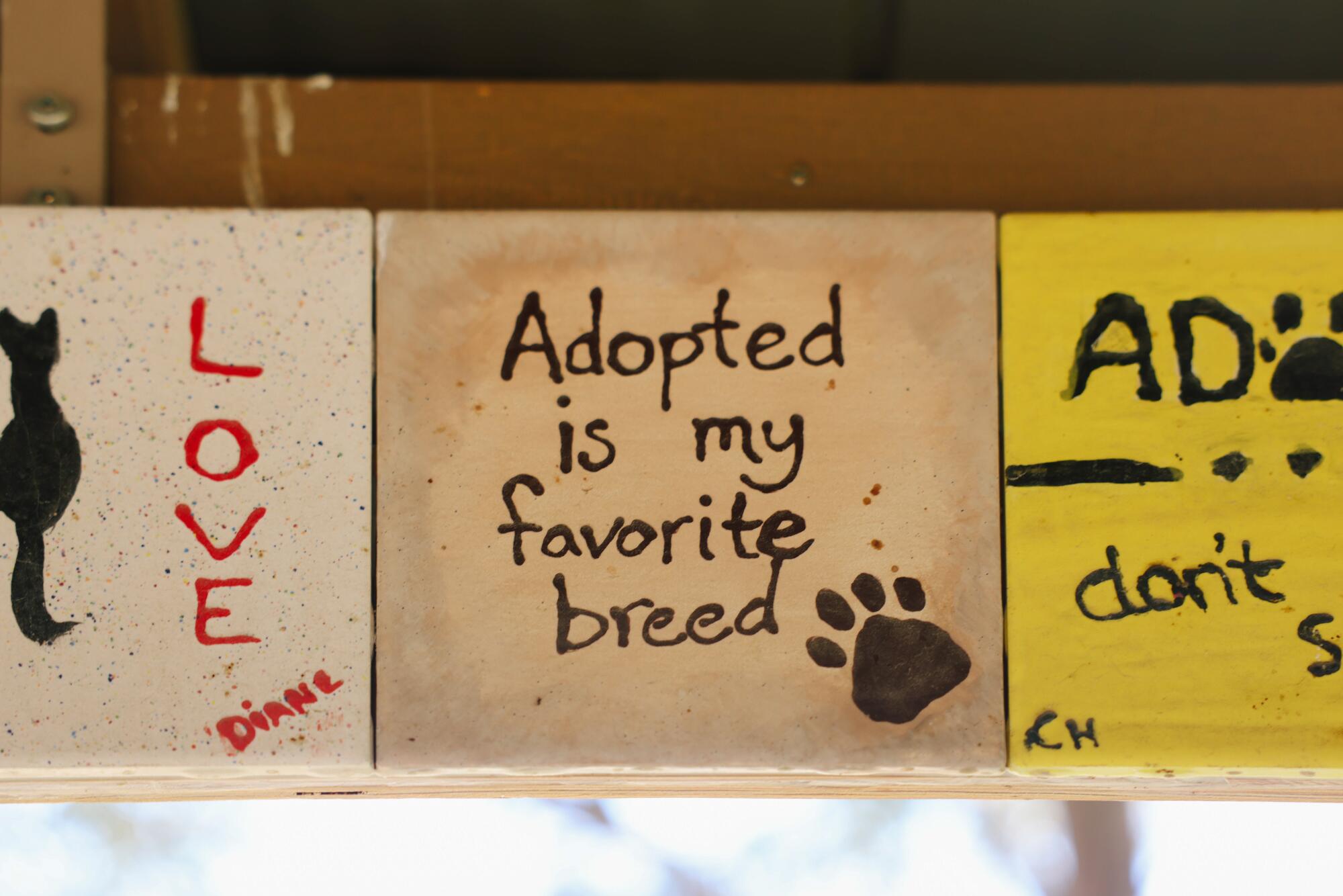 Tiles with phrases like "adopted is my favorite breed" decorate a play yard at the Lancaster Animal Care Center.