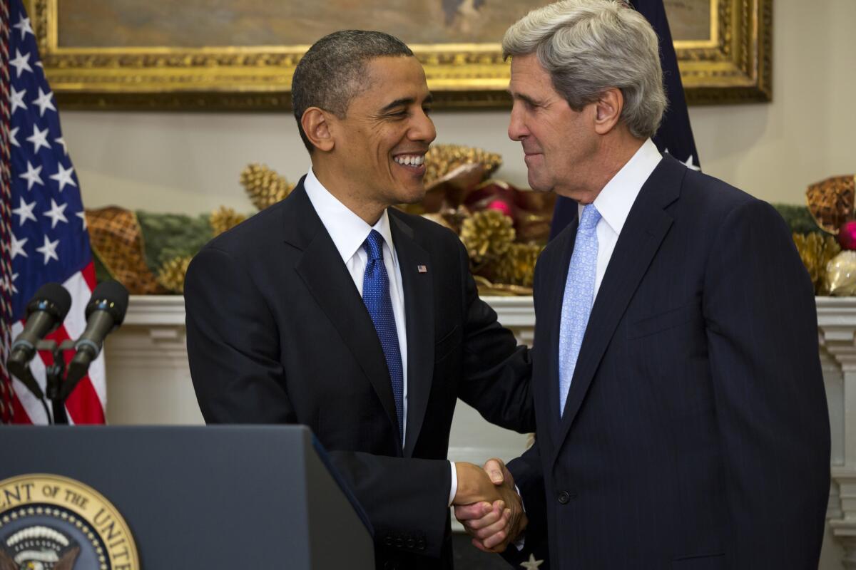 President Obama, left, nominates Sen. John Kerry (D-Mass.) to be the next Secretary of State in the Roosevelt Room of the White House in Washington, D.C. If confirmed, Kerry will replace retiring Secretary of State Hillary Clinton early in 2013.