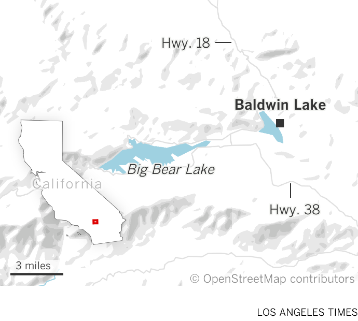 Map shows location of Baldwin Lake, which is near Big Bear Lake in Southern California.