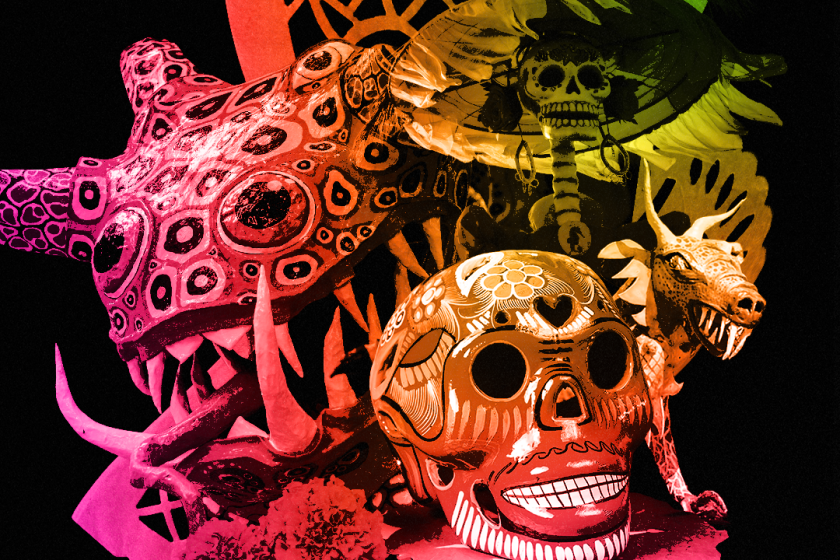 Collage of alebrijes, papel picado and sugar skulls 