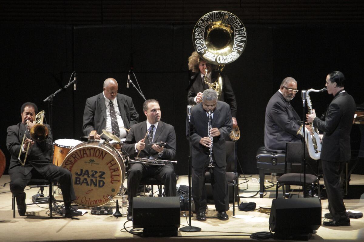 The Preservation Hall Jazz Band, with tuba player Benjamin Jaffe at the rear during a 2011 performance at Walt Disney Concert Hall in Los Angeles, will be profiled Sunday on "CBS Sunday Morning With Charles Osgood."