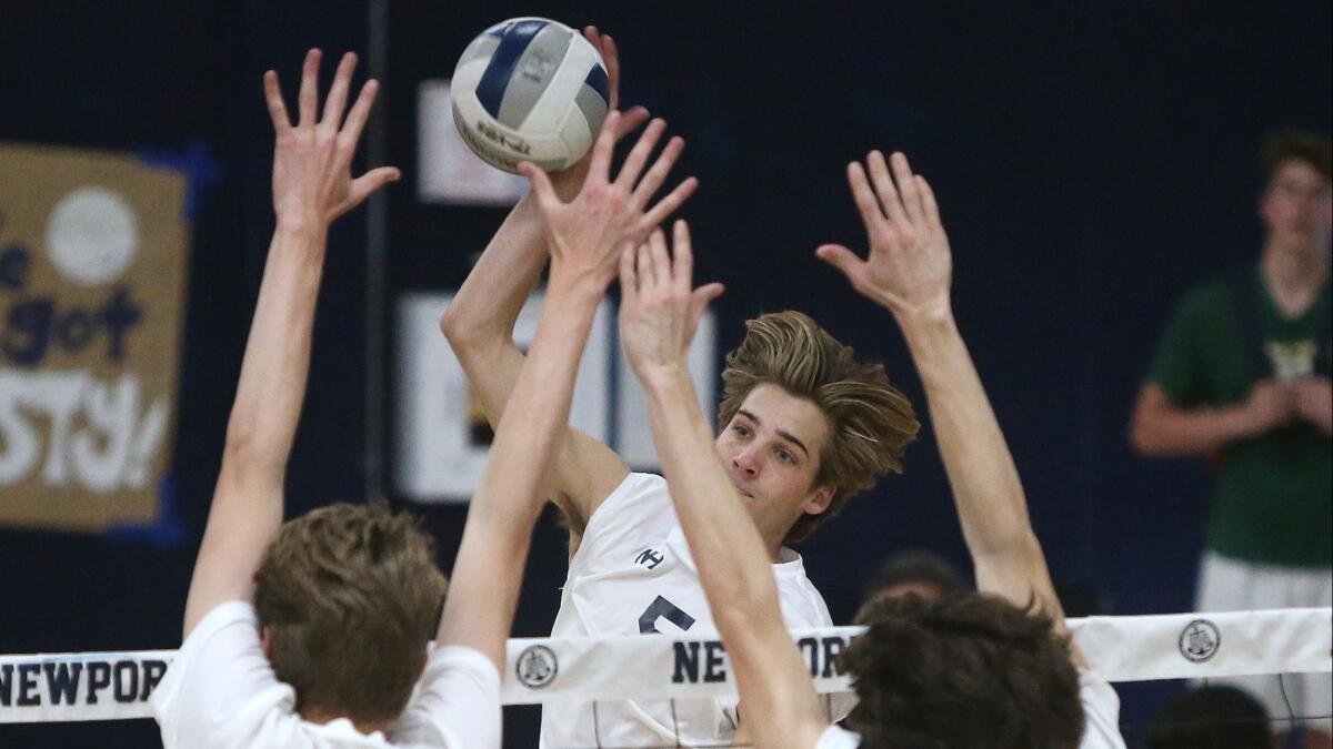Cole Pender, seen attempting a kill on April 25, is a key player for the Newport Harbor High boys' volleyball team. The undefeated Sailors are the top seed in the CIF Southern Section Division 1 playoffs.