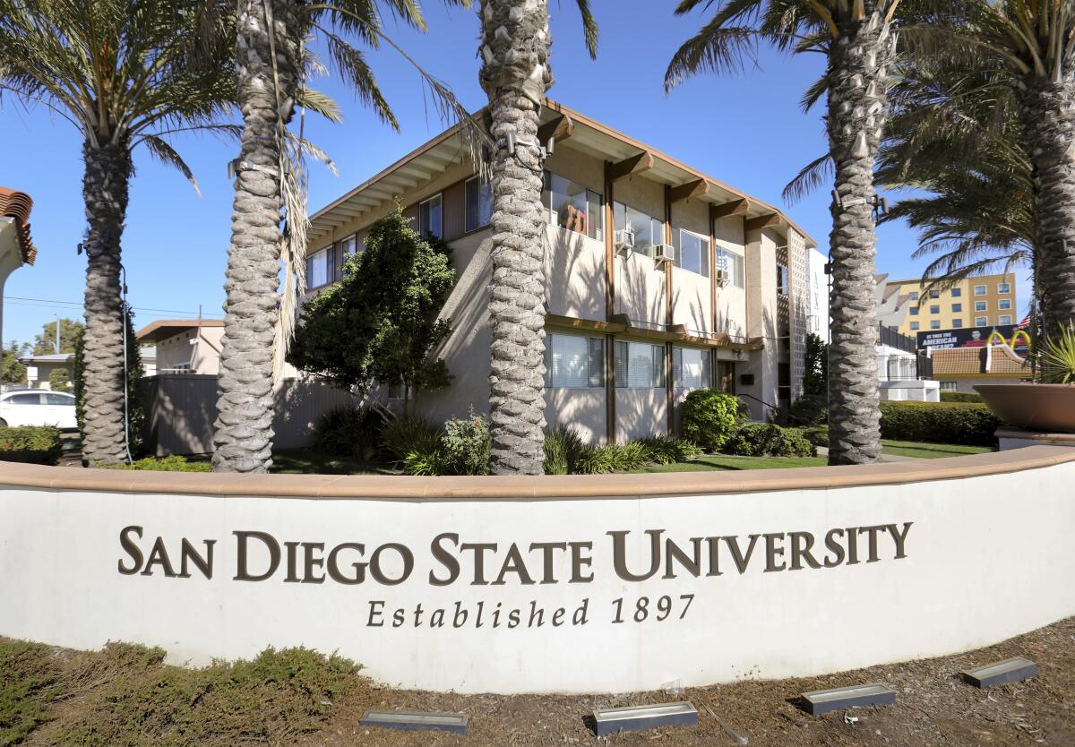 A building is shown surrounded by palm trees. In the foreground, a sign says "San Diego State University, Established 1897" 