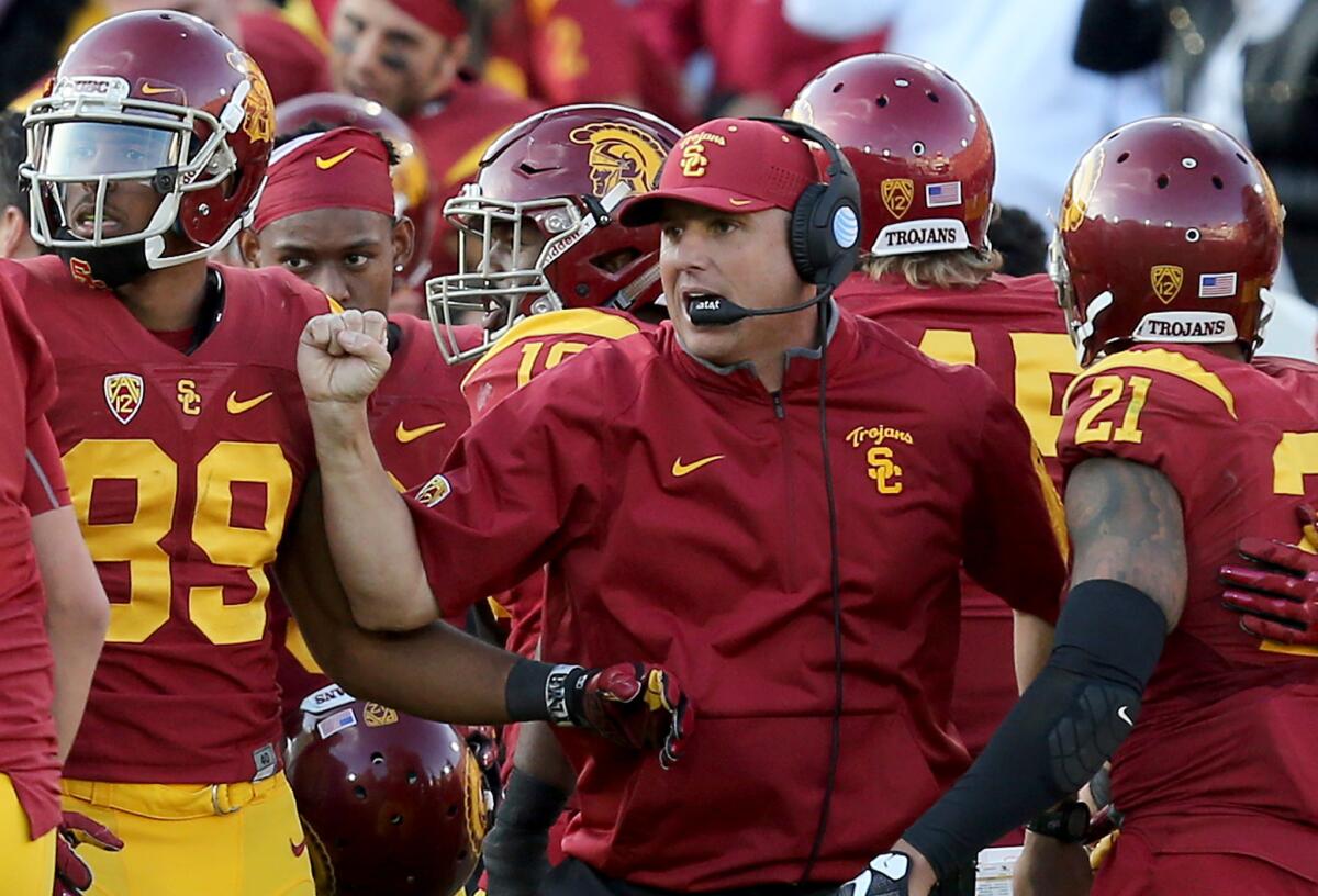 Coach Clay Helton and the Trojans will take on six teams in AP's preseason top 25 rankings.