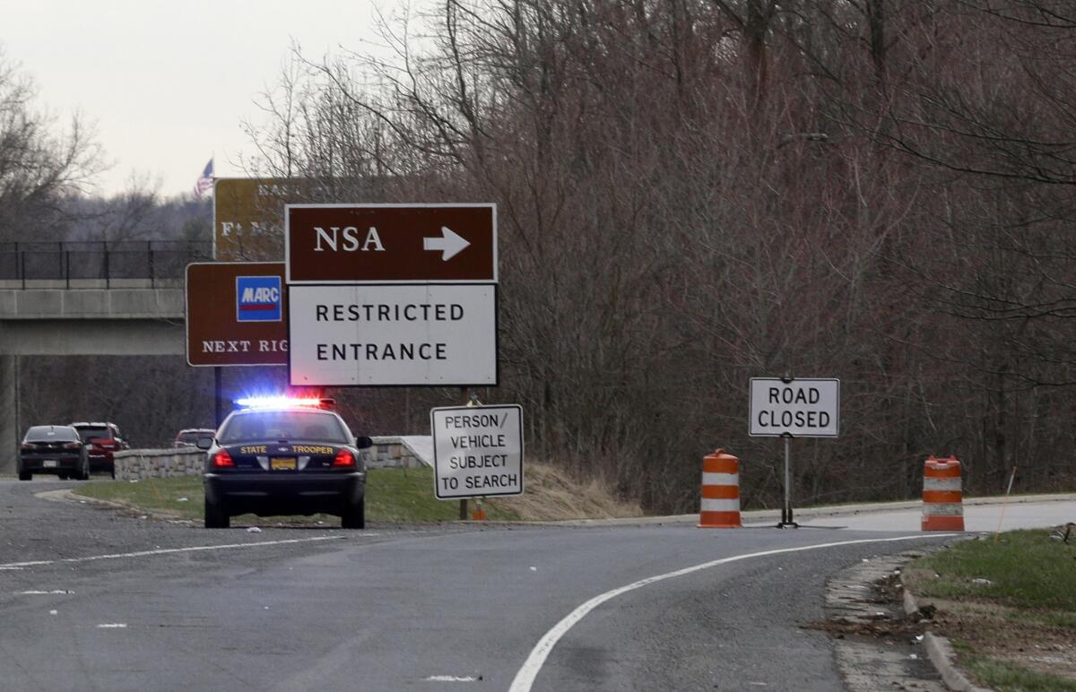 Two men tried to ram into the NSA complex Monday with a car authorities say was stolen from a hotel.