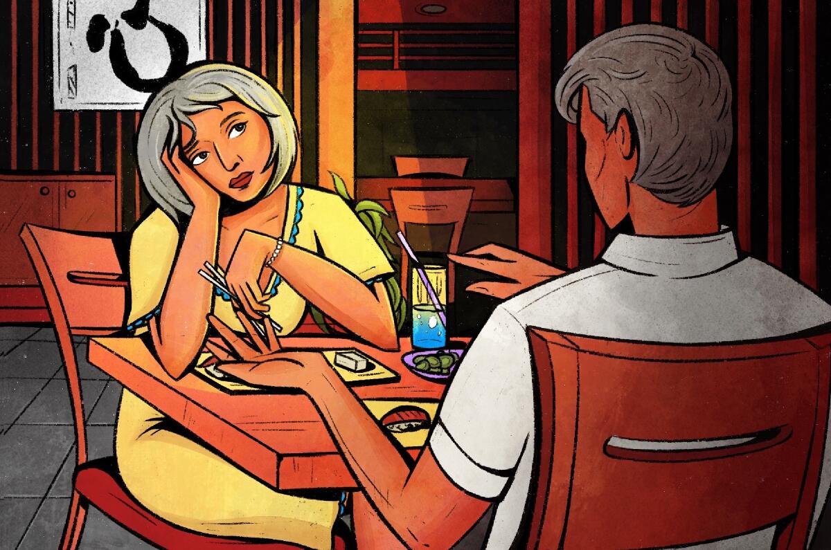 Illustration of a woman looking bored at dinner holding chopsticks on a date at a table across from a man talking.