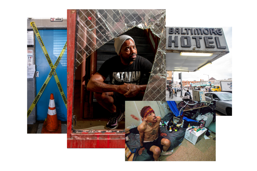 A photo collage featuring photographs from Skid Row's troubled housing providers.