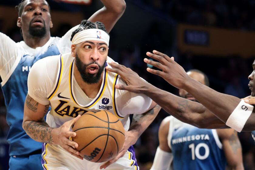 Los Angeles, California March 10, 2024-Lakers Anthony Davis drives to the basket.