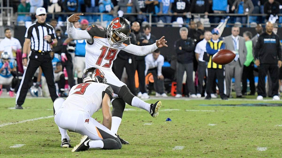 Tampa Bay's Roberto Aguayo kicks the game-winning field goal against the Carolina Panthers in Charlotte, N.C., on Oct. 10, 2016.