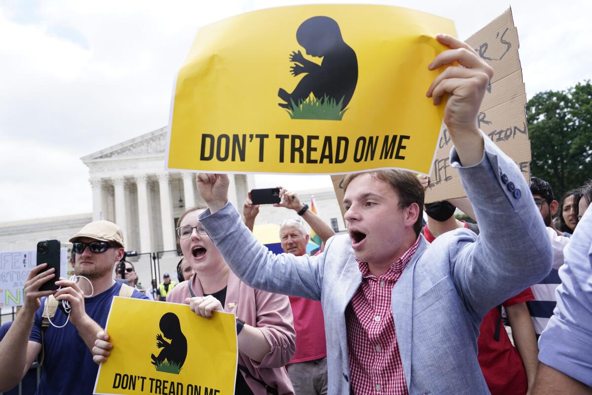 Demonstrators hold signs with the outline of a fetus and the words "Don't tread on me."