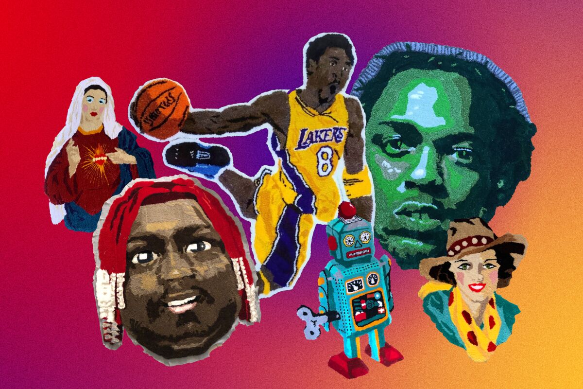 Handmade rugs in the shape of Lil Yachty, Kobe Bryant, a robot and others.