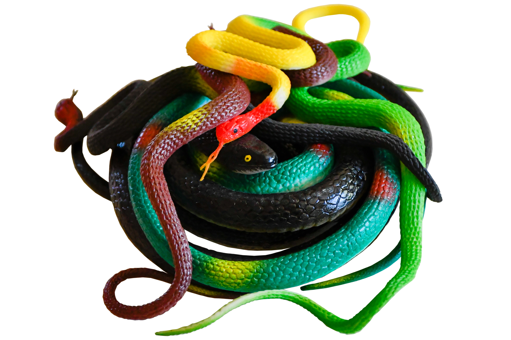 A pile of rubber snakes, topped with a bright yellow one with a red head
