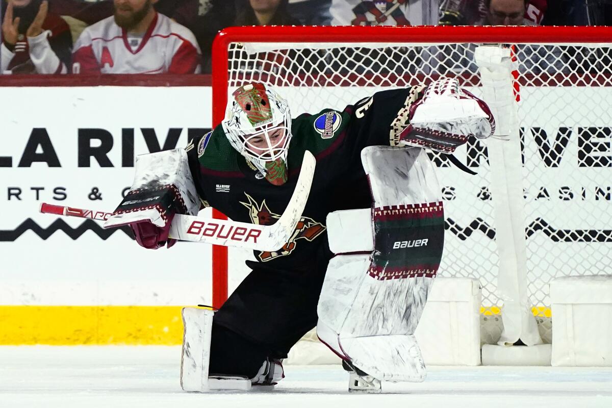 Arizona Coyotes goaltender Connor Ingram celebrates the team's shootout win against the Detroit Red Wings in an NHL hockey game in Tempe, Ariz., Tuesday, Jan. 17, 2023. The Coyotes won 4-3. (AP Photo/Ross D. Franklin)
