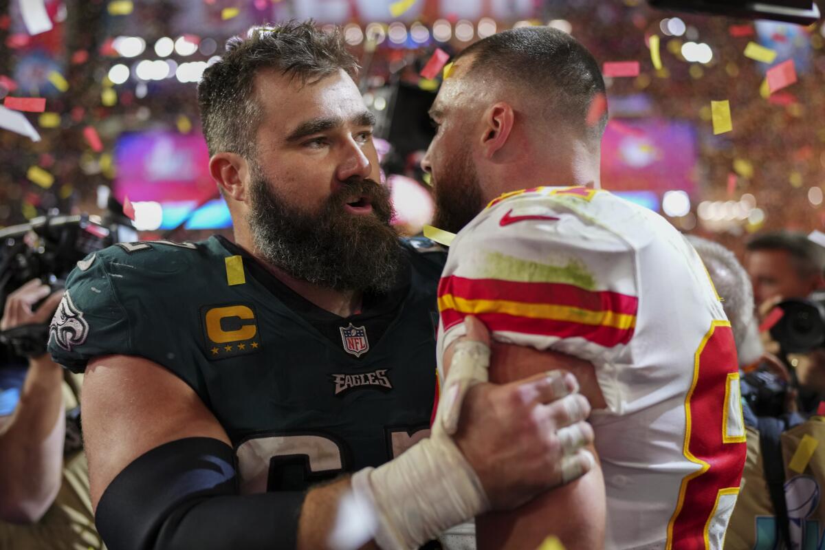 Travis Kelce emotional speaking about brother at Super Bowl - Los Angeles  Times