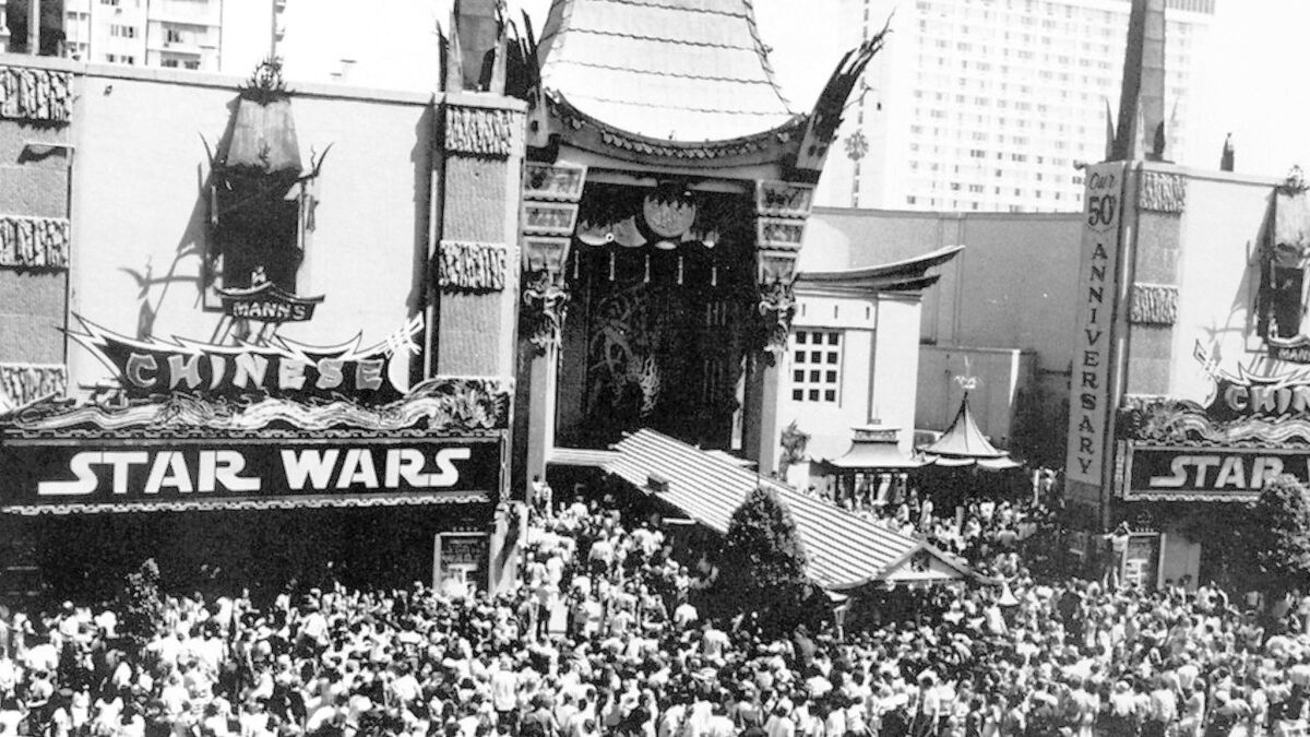 Attendees await the May 25, 1977, opening of the original "Star Wars" at Mann's Chinese Theater in Hollywood, one of very few theaters to initially screen it.