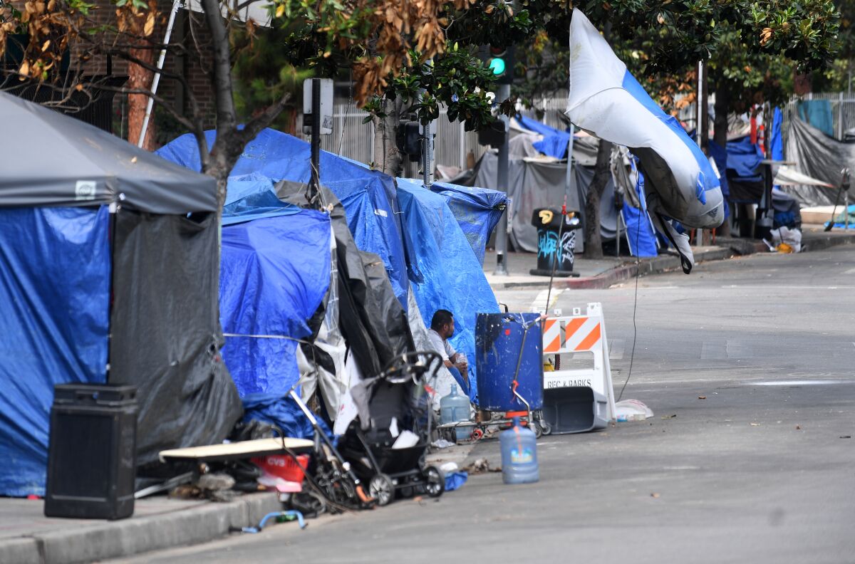 A sidewalk homeless encampment in Los Angeles on Nov. 17. 