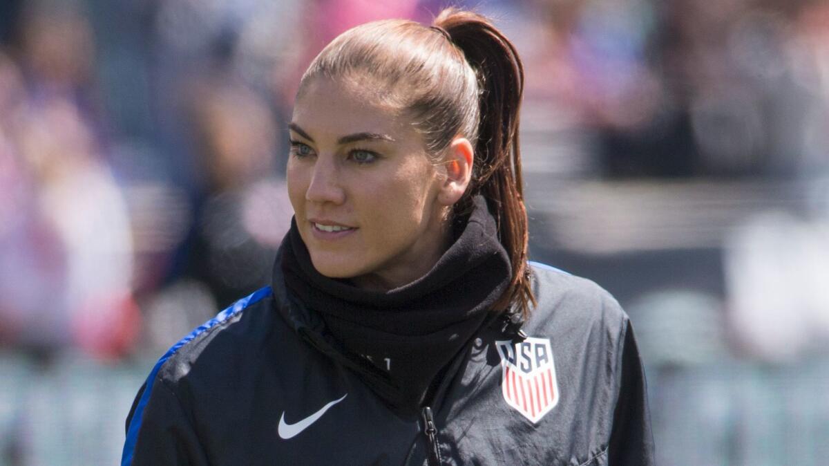 Hope Solo waits for the U.S. soccer team's match against Colombia in Chester, Pa., on April 10, 2016.
