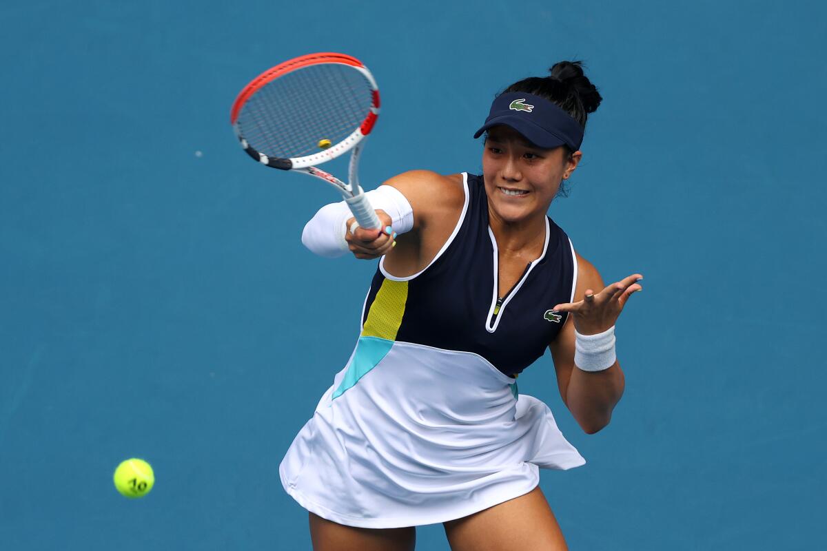 Kristie Ahn plays a forehand during her Australian Open match against Caroline Wozniacki.