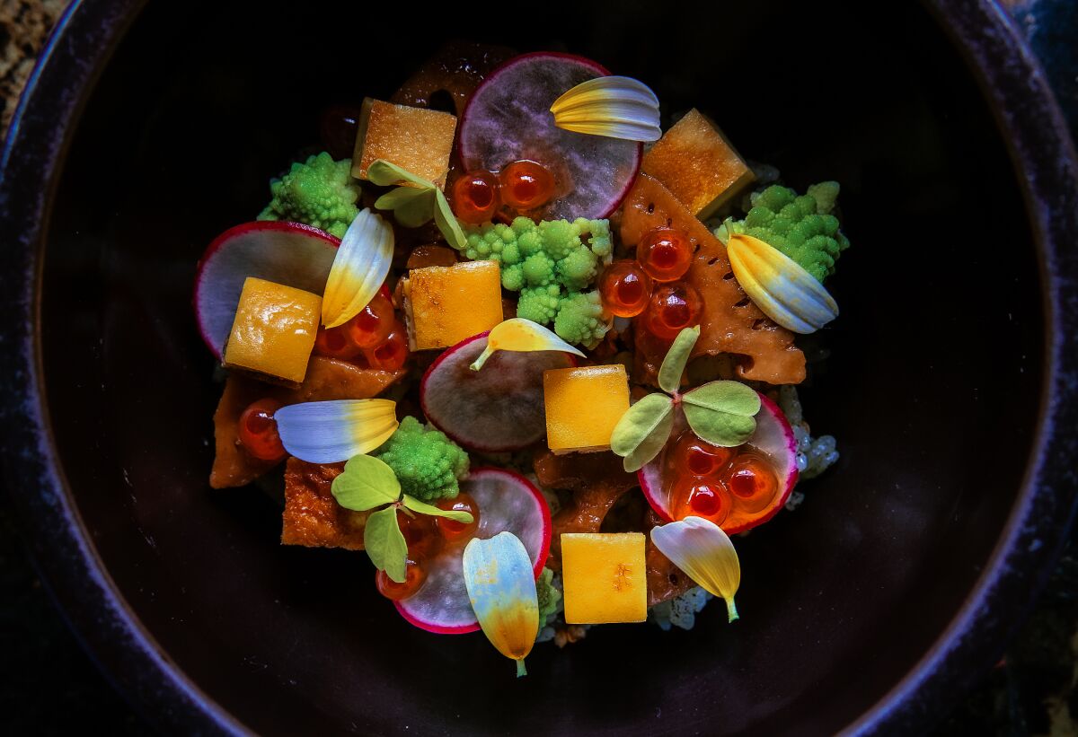 overhead view of bowl with bright veggies