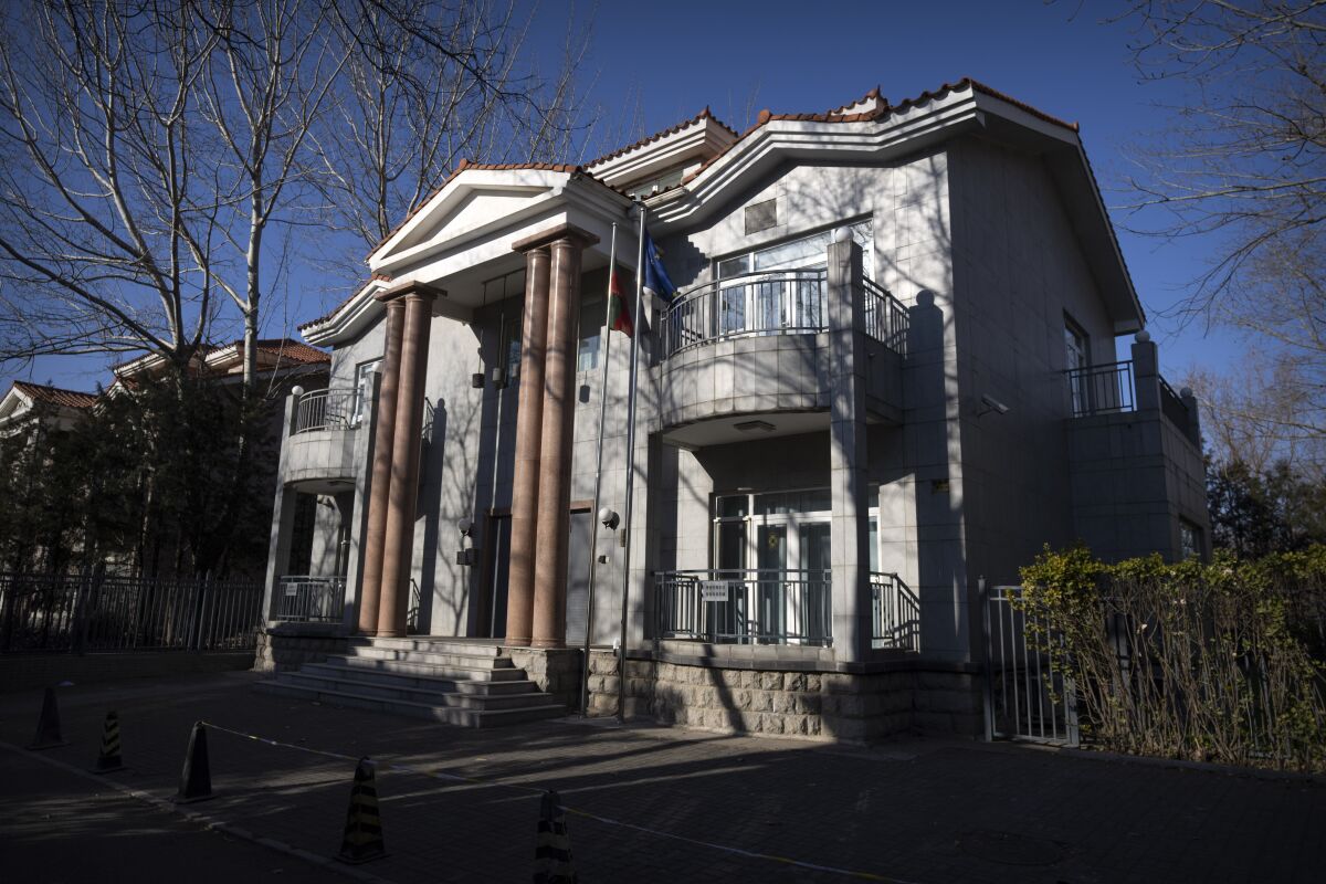 The closed Lithuanian Embassy is seen in Beijing, Thursday, Dec. 16, 2021. China lashed out at the U.S. Thursday, Jan. 6, 2022, over Washington's support for the tiny European nation of Lithuania in its feud with Beijing over relations with Taiwan. (AP Photo/Mark Schiefelbein)