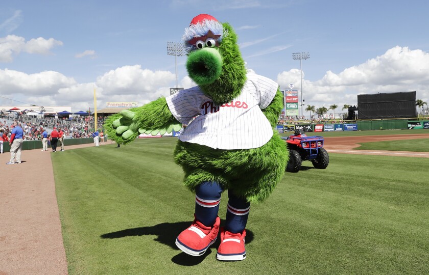 The Phillie Phanatic shows off his altered form before a spring training game against the Pittsburgh Pirates on Feb. 23 in Clearwater, Fla.