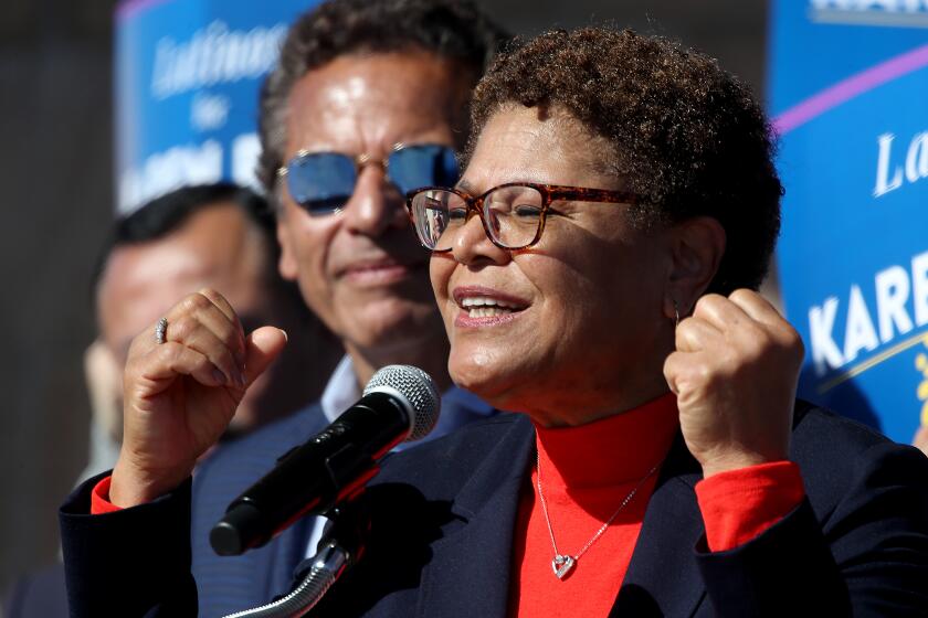 LOS ANGELES, CALIF. - APR. 12, 2022. L.A. Mayoral candidate Karen Bass delivers a speech to supporters during a campaign event in Mariachi Plaza on Tuesday, April 12, 2022. Recent polls show that Bass and real estate developer Rick Caruso are virtually tied in the race to replace outgoing Eric Garcetti. (Luis Sinco / Los Angeles Times)