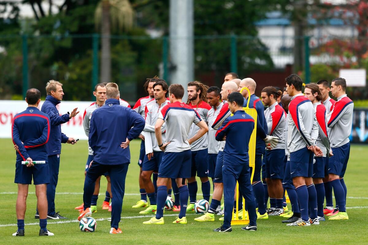 Head coach Jurgen Klinsmann speaks to the US Men's National Team during training at Sao Paulo FC on June 20, 2014 in Sao Paulo, Brazil.