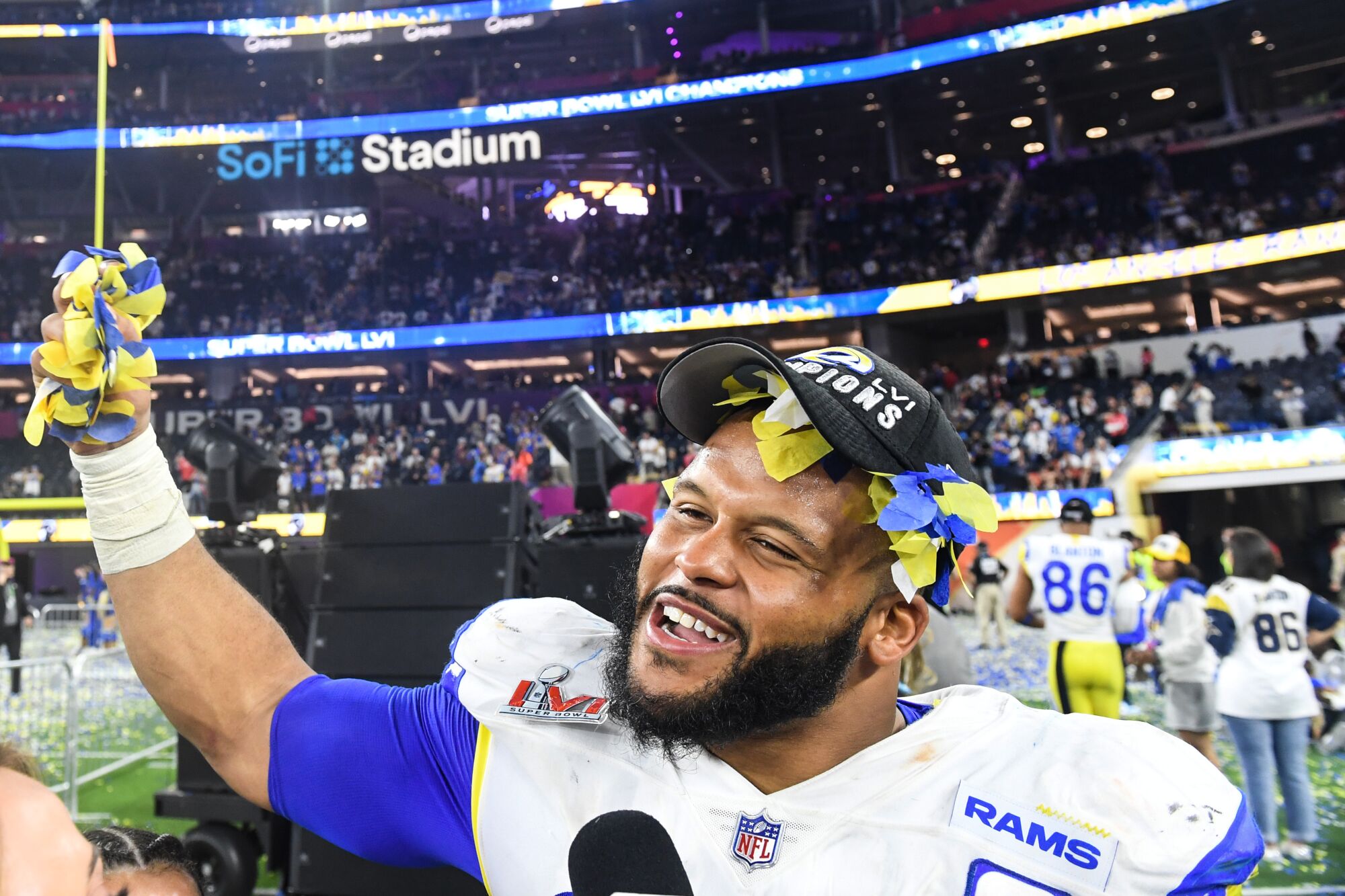 Rams defensive end Aaron Donald celebrates after defeating the Cincinnati Bengals.