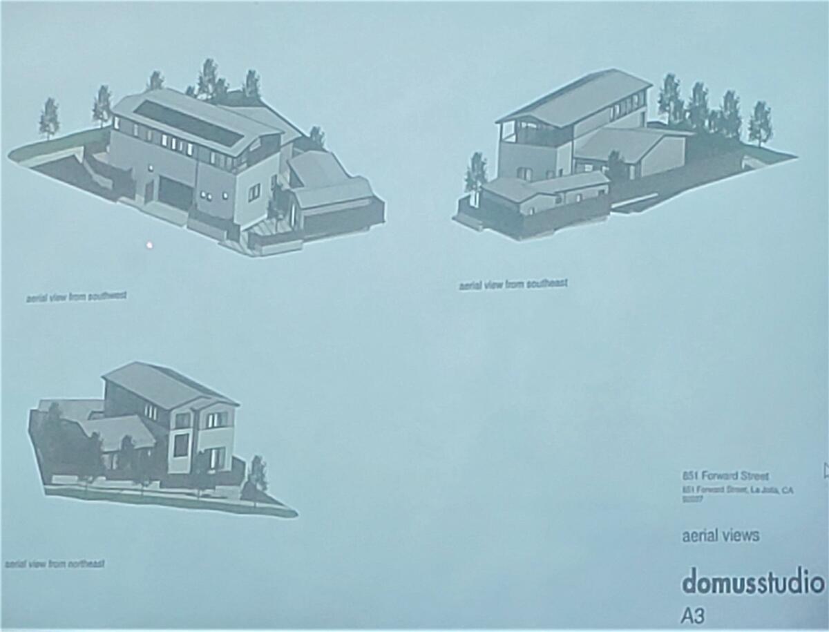 A projection of a rendering depicts a proposed development at 851 Forward St. from multiple viewpoints.