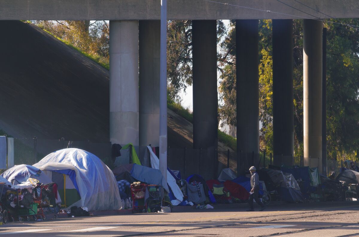 A homeless encampment on Commercial Street on Friday, Jan. 6, 2023 in San Diego, CA.