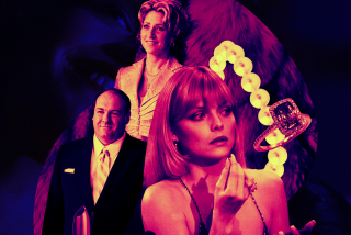 Edie Falco as Carmela, and James Gandolfini as Tony Soprano, in The Sopranos; Michelle Pfeiffer in Scarface 