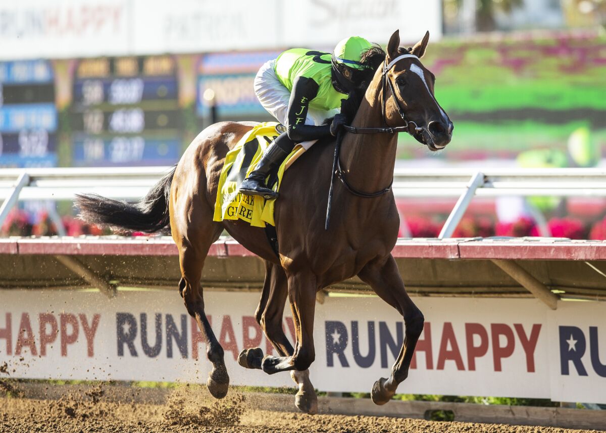 My Girl Red and jockey Flavien Prat win the Grade II, $150,000 Sorrento Stakes, Friday at Del Mar Thoroughbred Club.