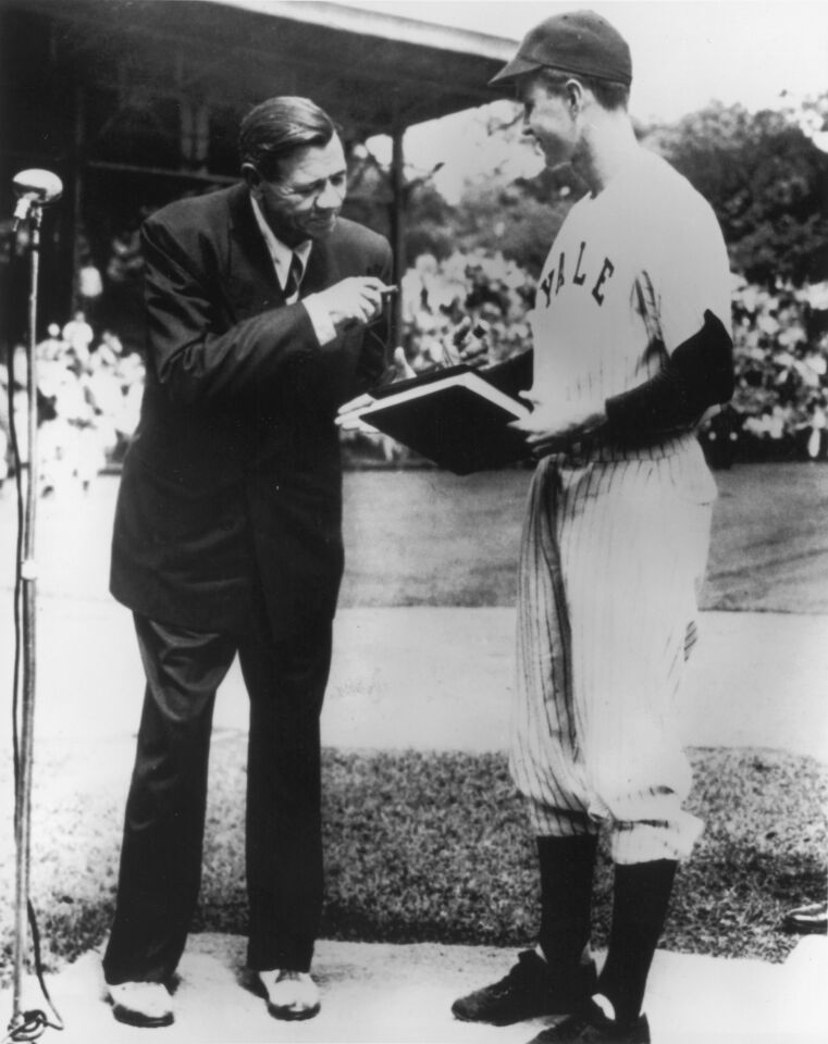 New York Yankees baseball legend Babe Ruth with George H.W. Bush in 1946. Bush played for Yale University.