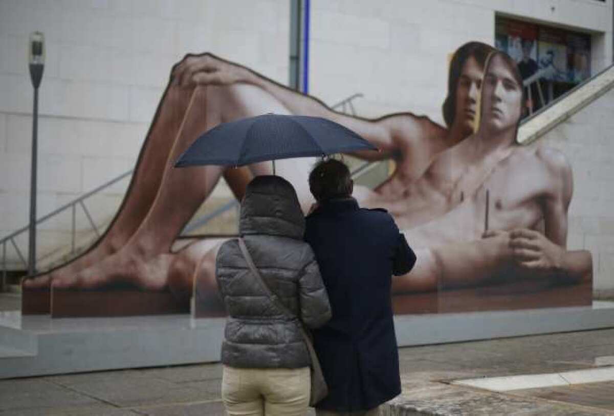 An artwork titled "Mr. Big" by the Austrian artist Ilse Haider, on view outside of the Leopold Museum in Vienna. The museum is holding an exhibition dedicated to artistic depictions of male nudity, titled "Nackte Manner" ("Nude Men").