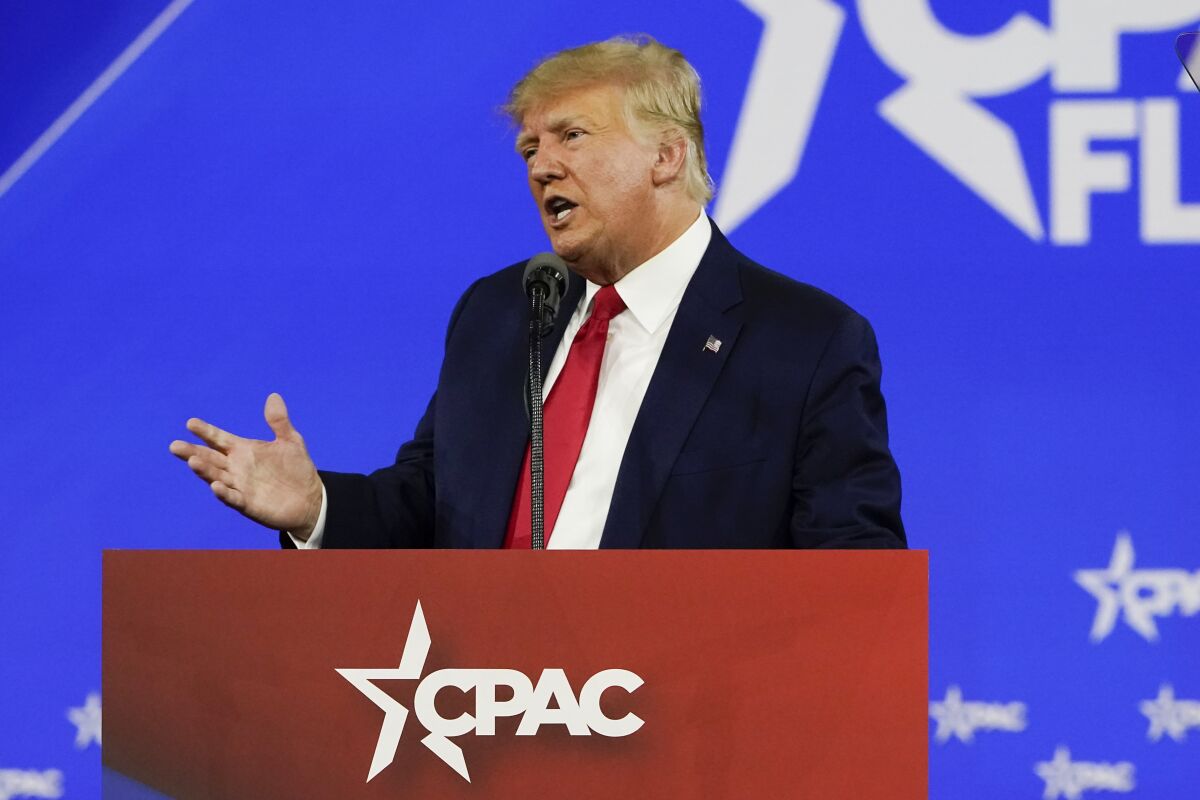 Former President Donald Trump speaks at the Conservative Political Action Conference (CPAC) Saturday, Feb. 26, 2022, in Orlando, Fla. (AP Photo/John Raoux)