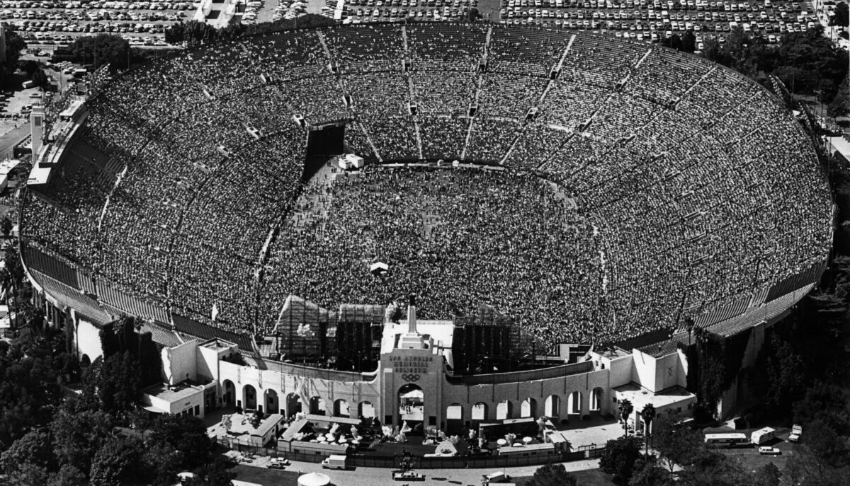 Oct. 11, 1981: An aerial view of the Los Angeles Memorial Coliseum shortly before the start of a Rolling Stones concert shows more than 90,000 fans.