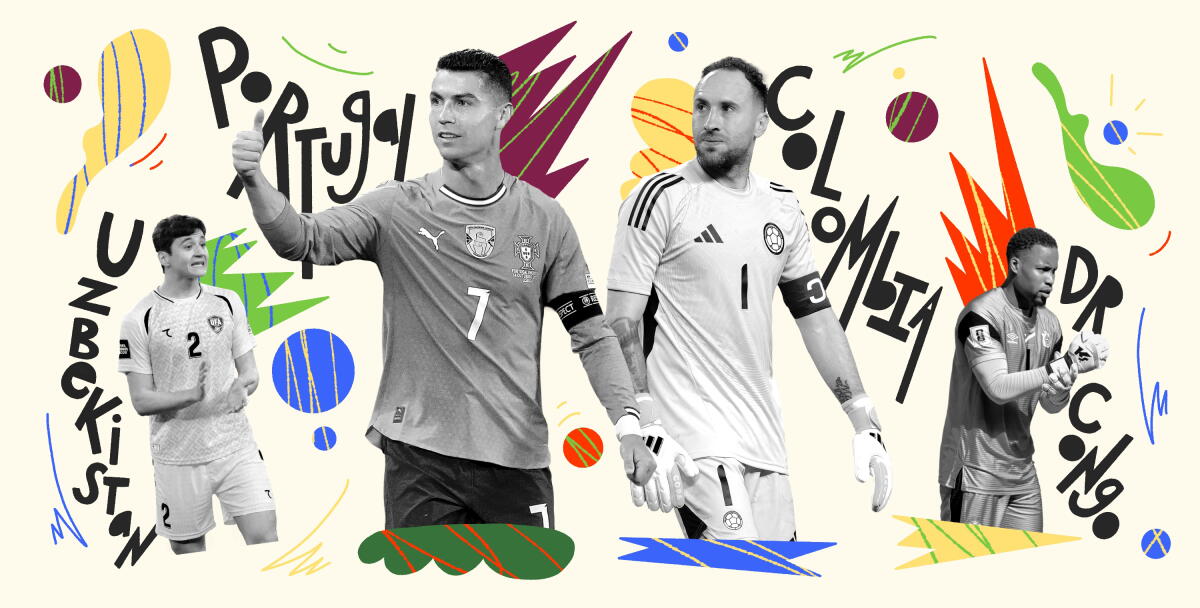 Collage of players from the 2026 World Cup: Uzbekistan, Portugal, Colombia, DR Congo.