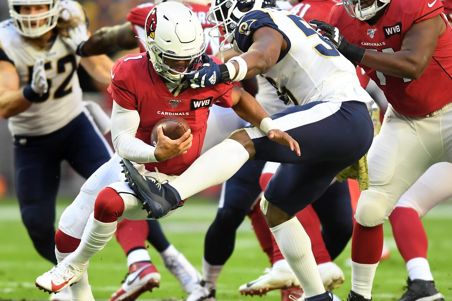 Rams linebacker Dante Fowler Jr. sacks Cardinals quarterback Kyler Murray.