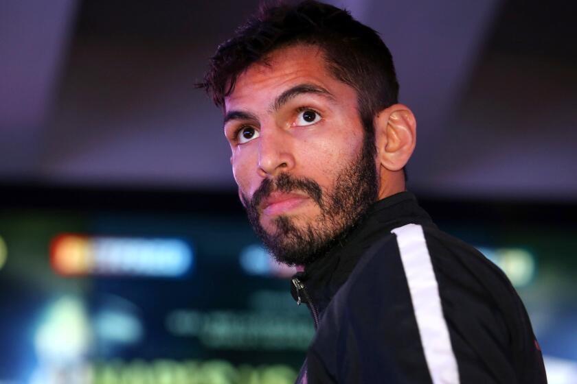 Jorge Linares prepares for a public workout at the National Football Museum in Manchester, England.