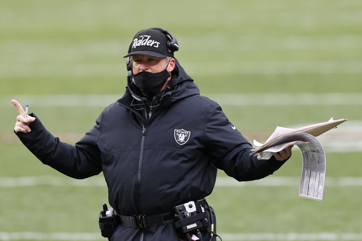 Las Vegas Raiders head coach Jon Gruden reacts during the second half of an NFL football game against the Cleveland Browns, Sunday, Nov. 1, 2020, in Cleveland. (AP Photo/Ron Schwane)