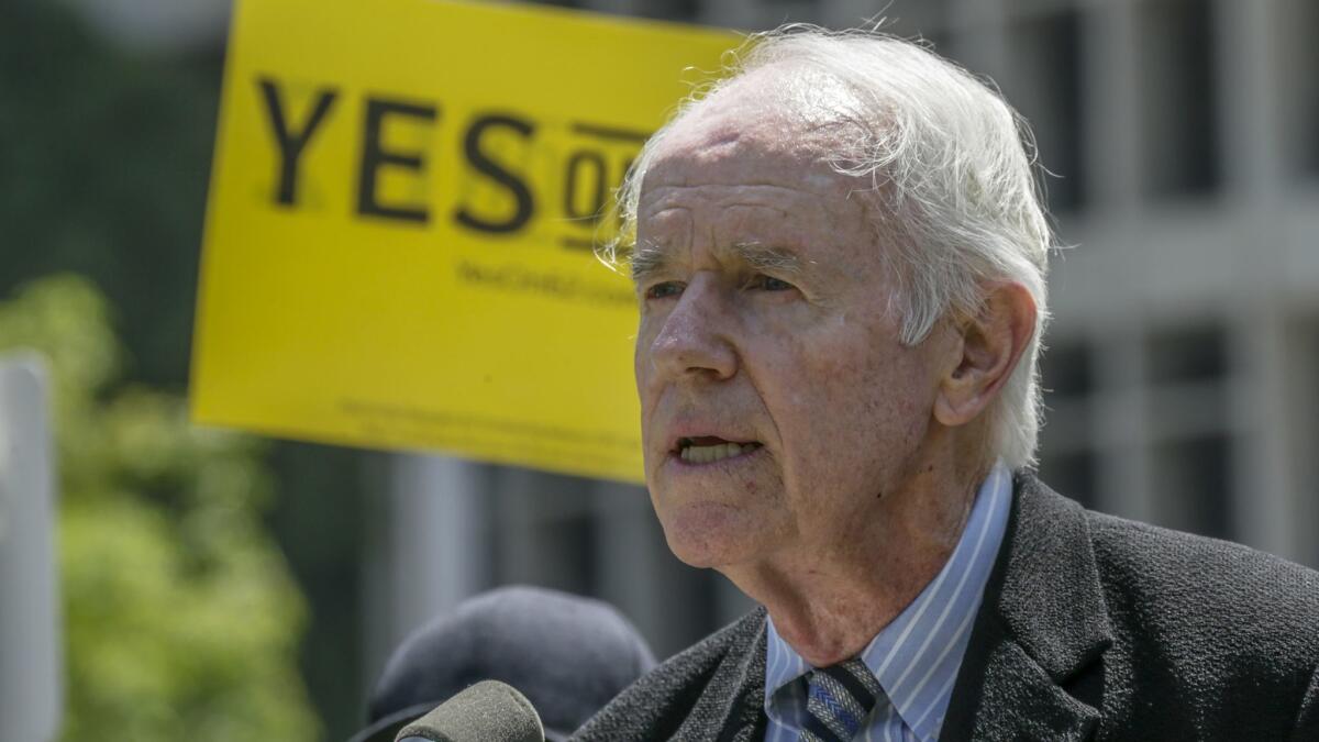 Actor and anti-death penalty activist Mike Farrell speaking at a 2016 news conference in support of Proposition 62, which would have outlawed capital punishment in California.