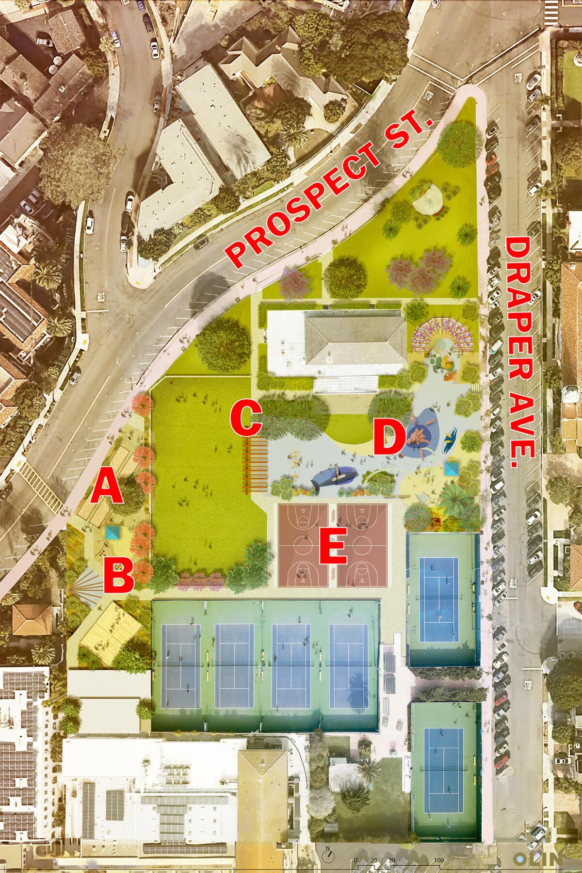 The preliminary proposed site plan for the La Jolla Recreation Center, as announced in February.