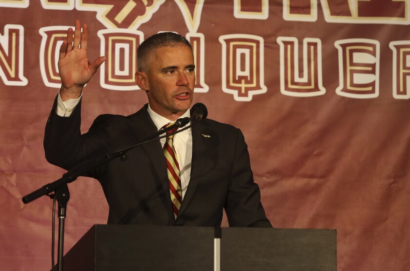 Florida State coach Mike Norvell speaks at a news conference in Tallahassee, Fla., on Dec. 8.