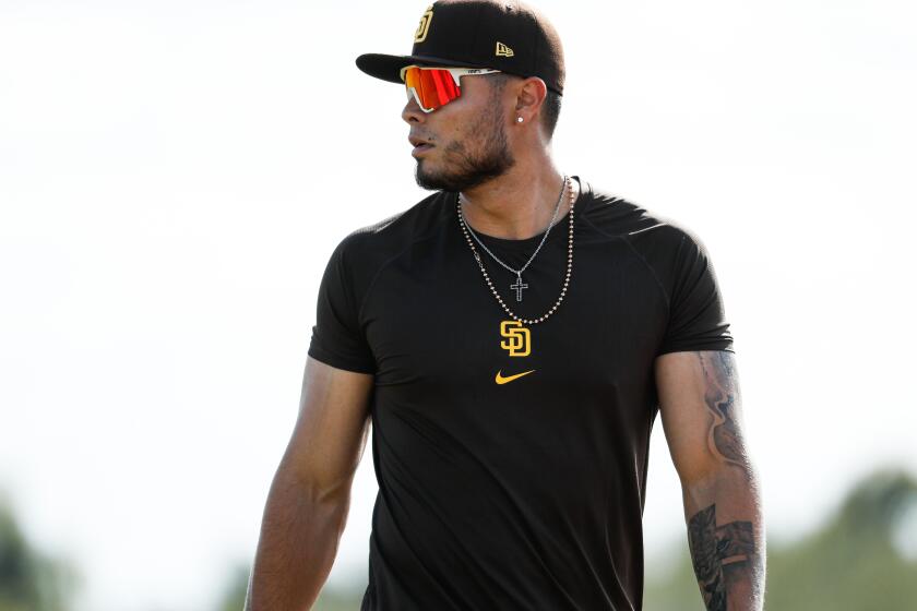 Peoria, AZ - February 19: Padres outfielder Tirso Ornelas waits before taking batting practice during a spring training practice at the Peoria Sports Complex on Sunday, Feb. 19, 2023 in Peoria, AZ. (Meg McLaughlin / The San Diego Union-Tribune)