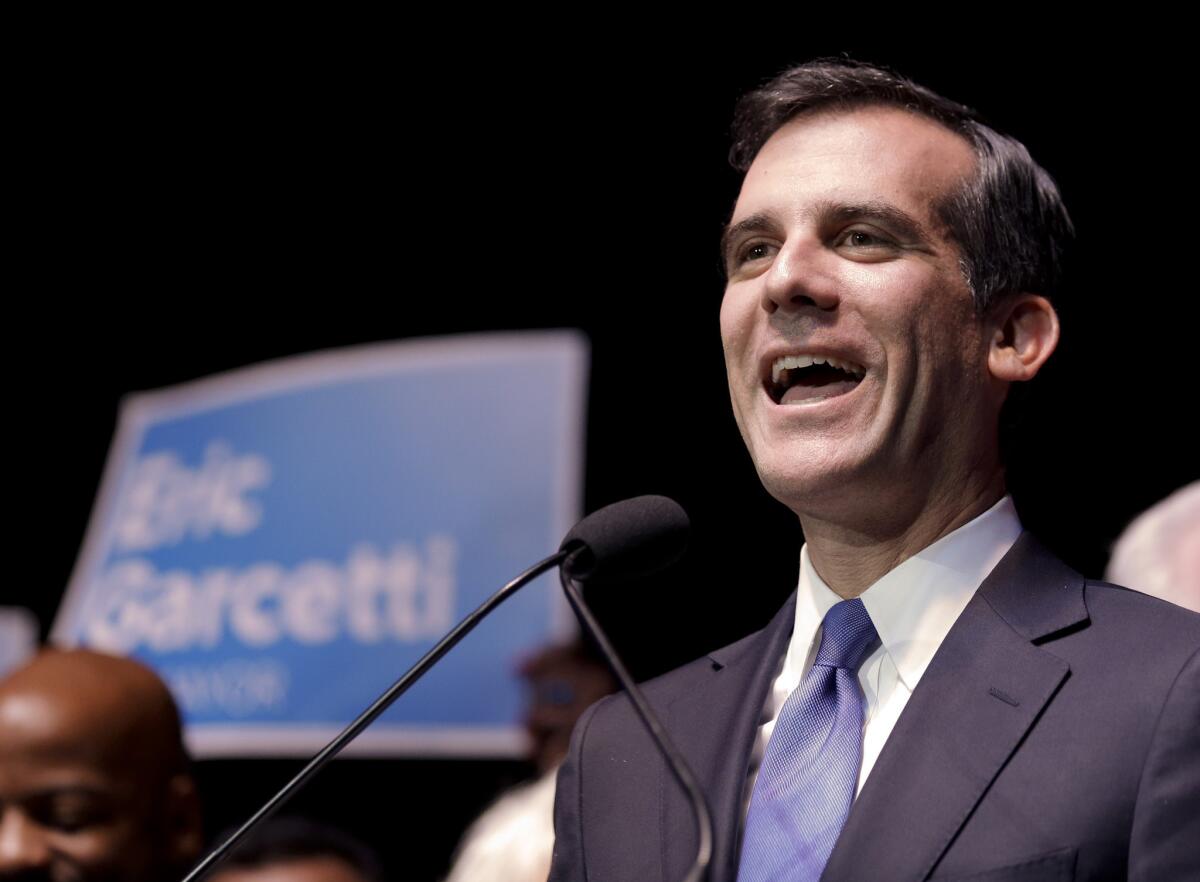 Mayor-elect Eric Garcetti speaks to supporters on election night. Garcetti faced Wendy Greuel in a mayoral runoff.