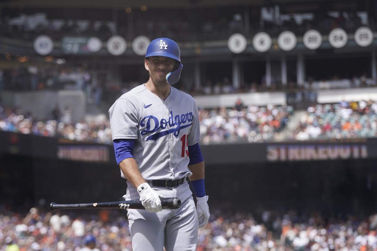 Dodgers catcher Austin Barnes reacts after striking out against the San Francisco Giants on Sunday.