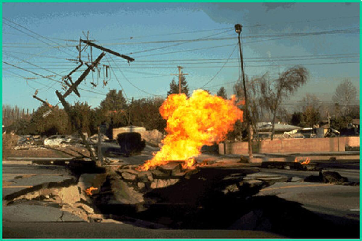 Lateral spreading ruptured gas mains in the 1994 Northridge earthquake, igniting fires and making roads impassable. (U.S. Geological Survey)